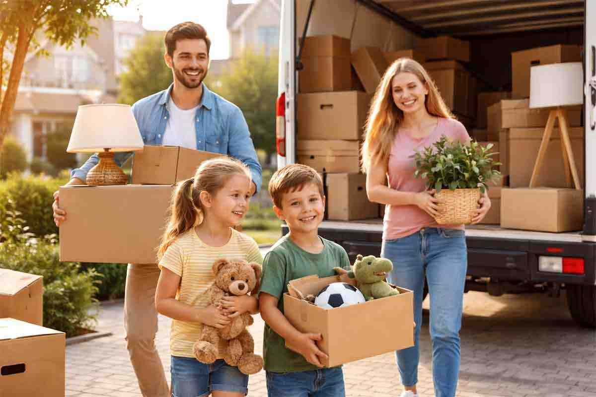 Family relocating with moving truck and boxes for interstate shifting services